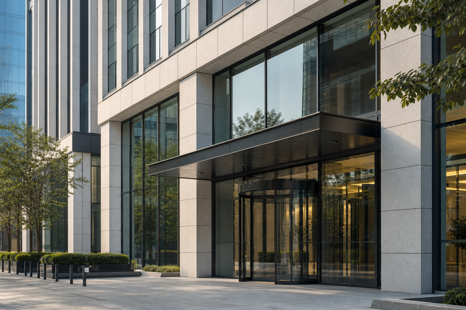 Modern premium office building exterior with clean glass-and-stone facade, straight architectural lines, and restrained corporate atmosphere in natural daylight
