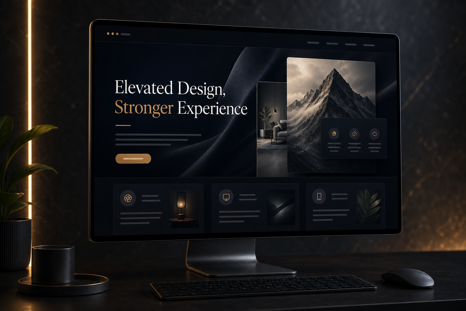 High-end website redesign preview with cinematic dark interface, elegant typography, and polished responsive layout