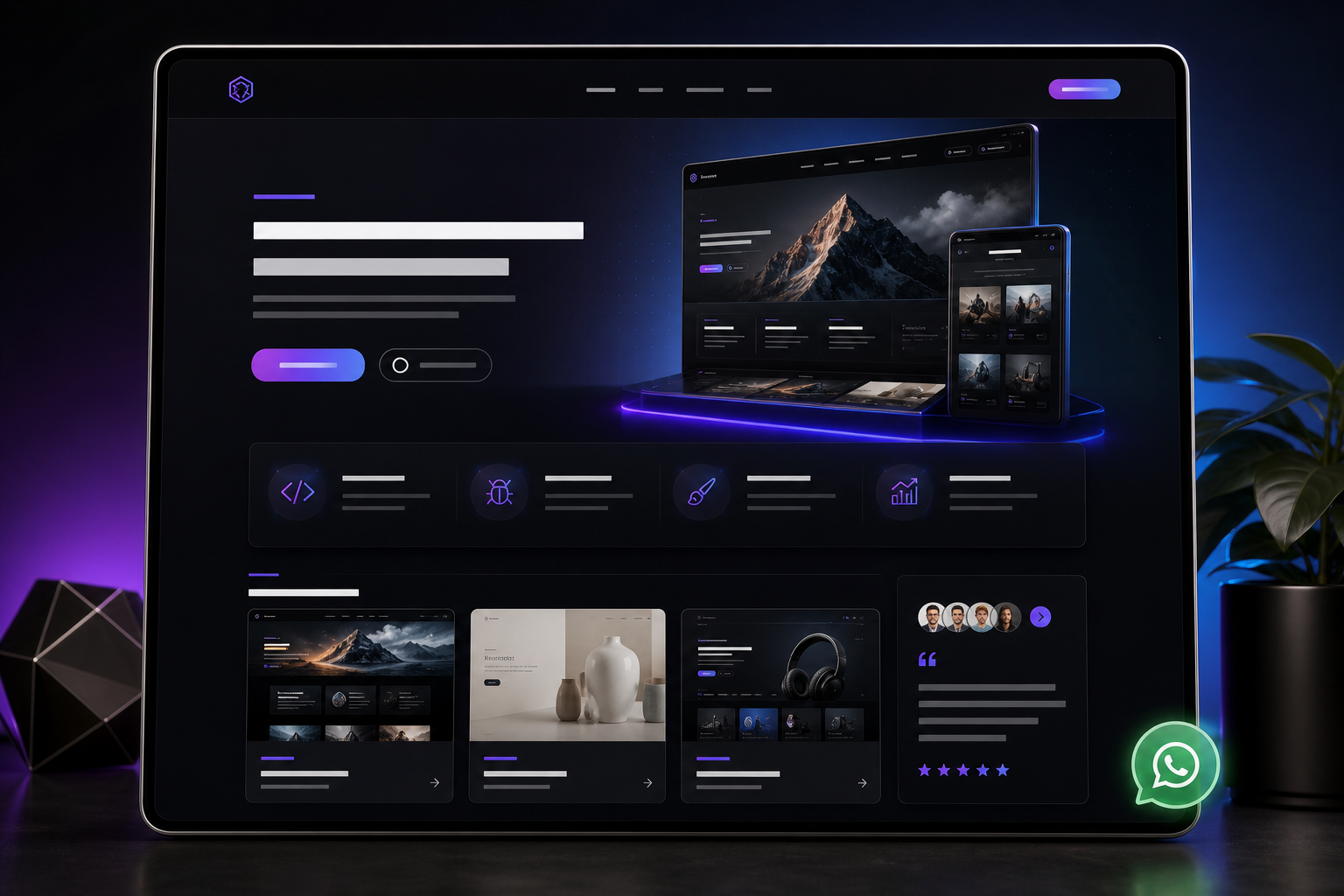 Premium portfolio website mockup displayed in a cinematic hero frame with modern interface sections
