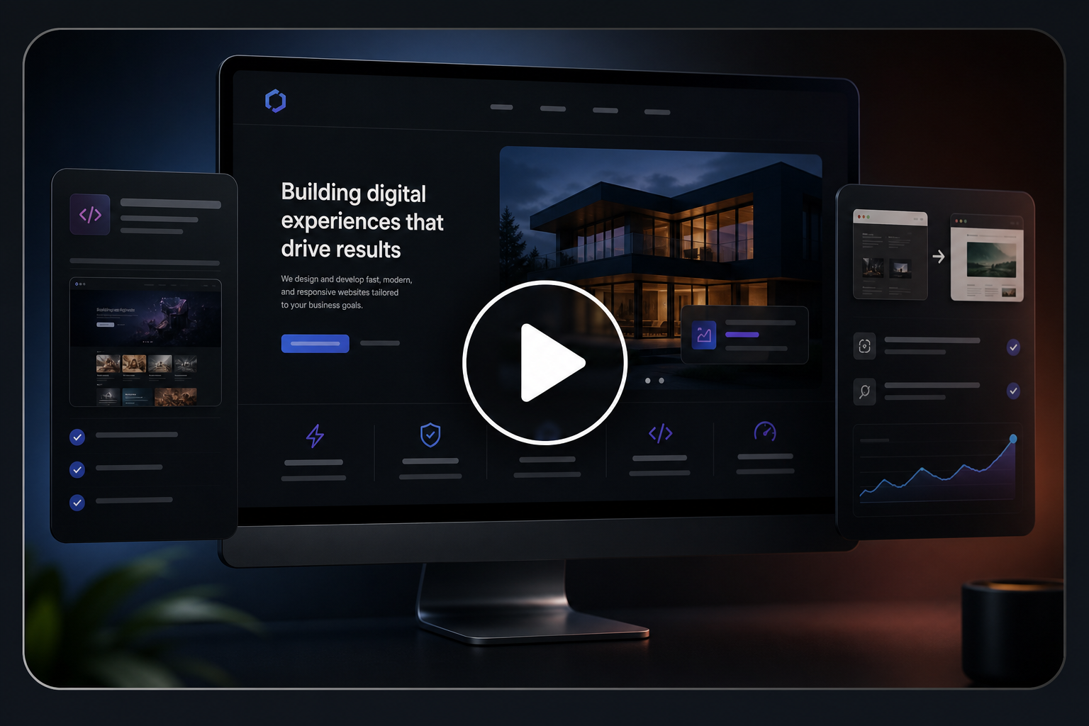 Project video preview frame showing a dark themed website case study screen with a centered play cue