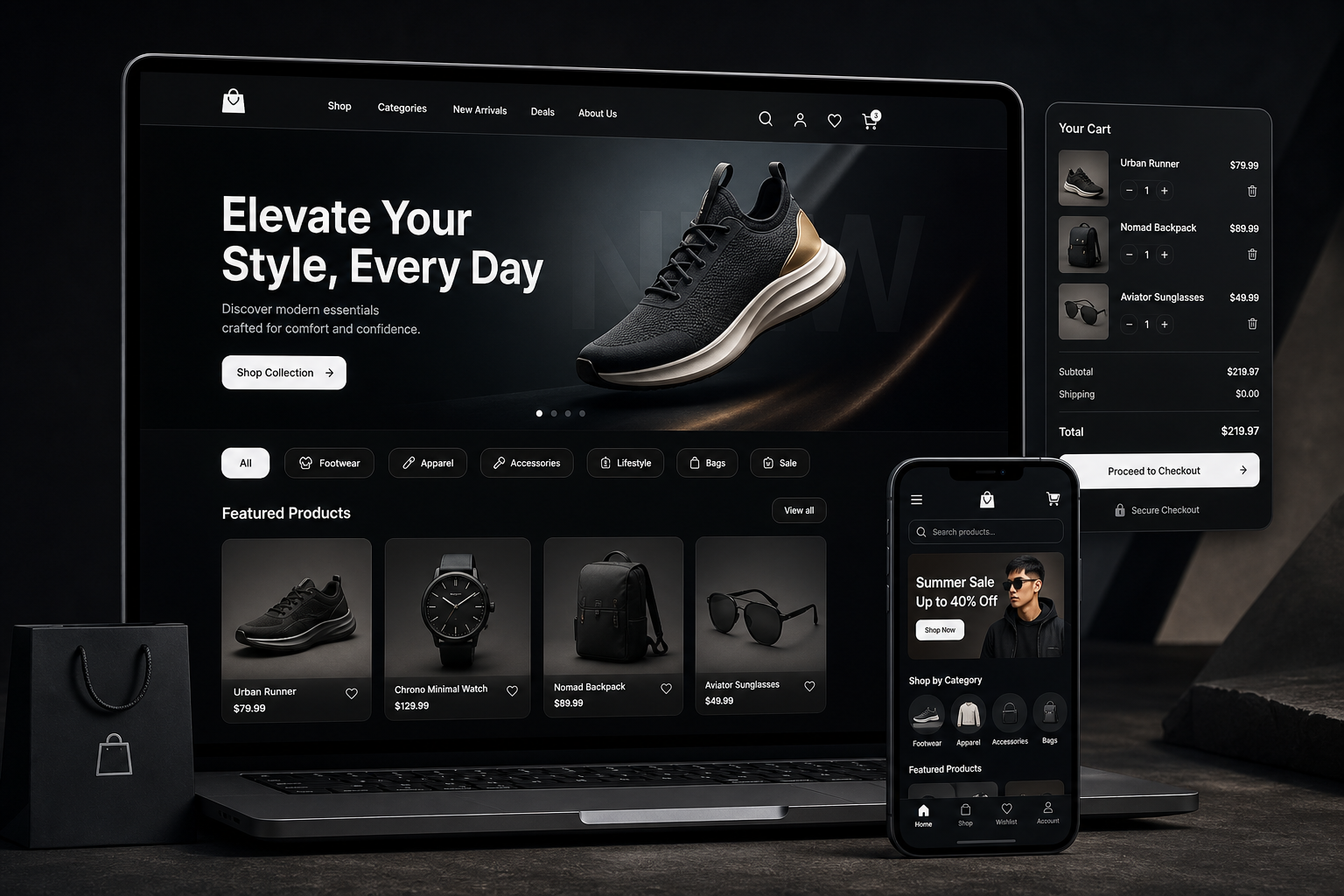 Web project thumbnail preview of an e-commerce storefront showing product grid and bold promo banner