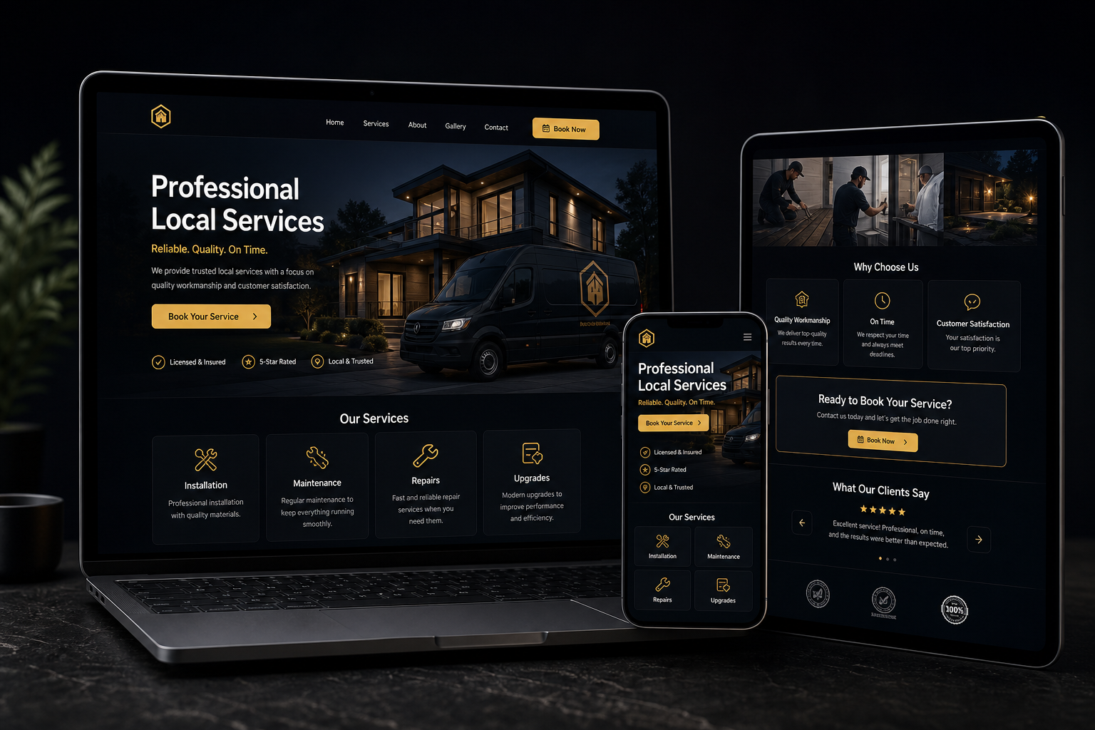 Web project thumbnail preview of a local business service website with booking section and trust badges