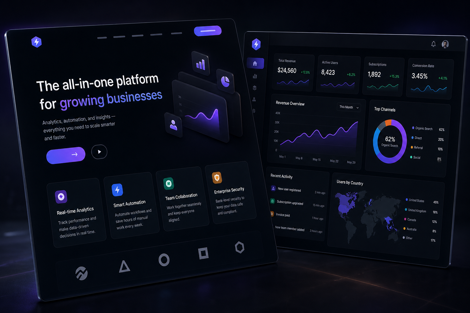 Web project thumbnail preview of a SaaS dashboard homepage with dark cards and analytic widgets