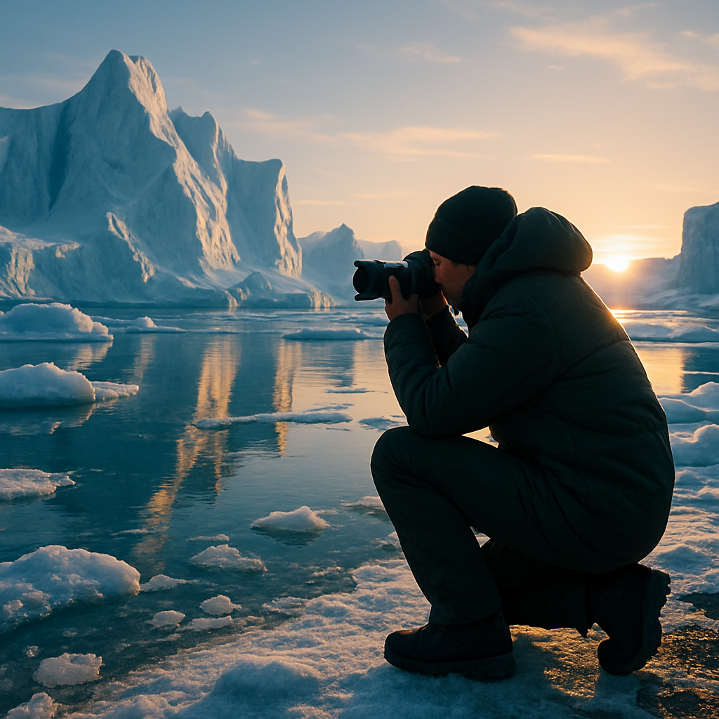 Adventure traveler photographing dramatic Greenland ice landscape during golden-hour light