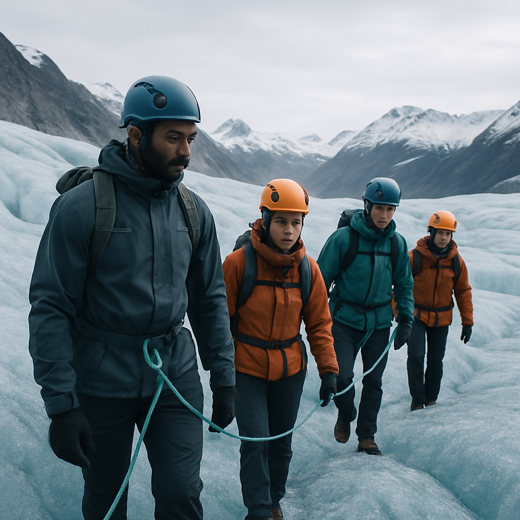 Small guided team crossing a glacier in cold-weather gear with mountain backdrop