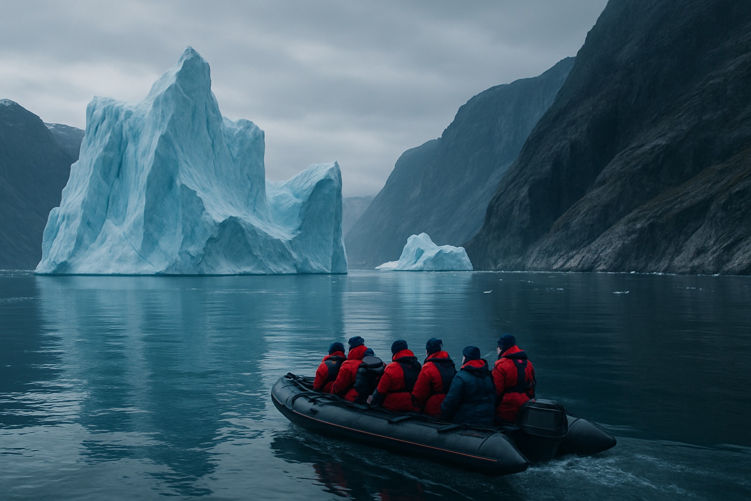 Guided expedition boat approaching towering icebergs in a remote Greenland fjord