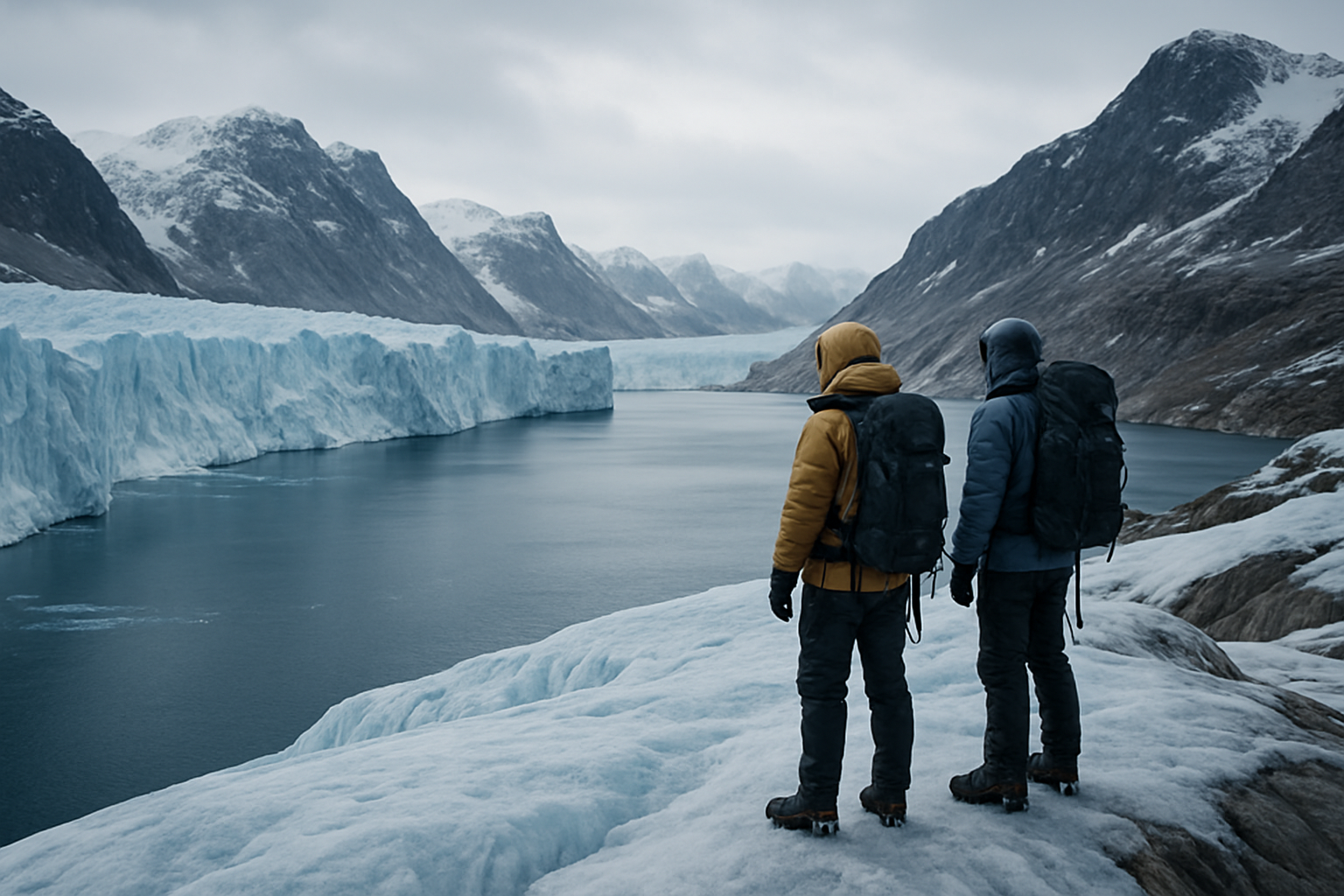 Wide cinematic view of a Greenland fjord with two explorers in insulated cold-weather gear on an icy ridge