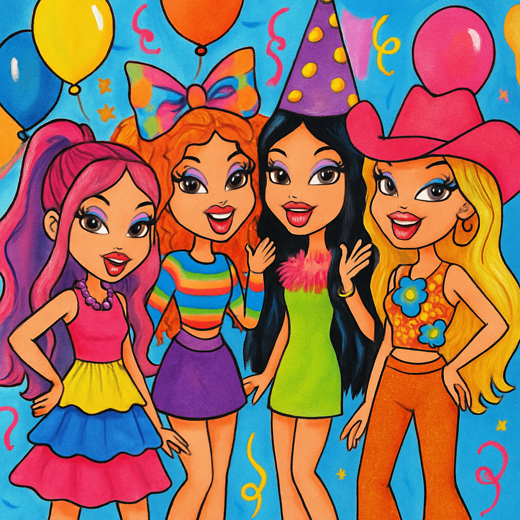 Group of Bratz dolls dressed for a themed party with colorful outfits