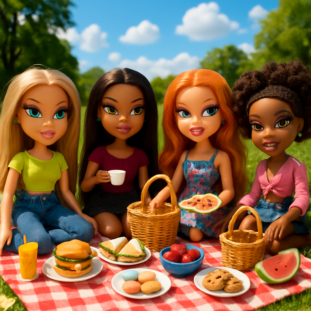 Bratz dolls enjoying a picnic with miniature food and props