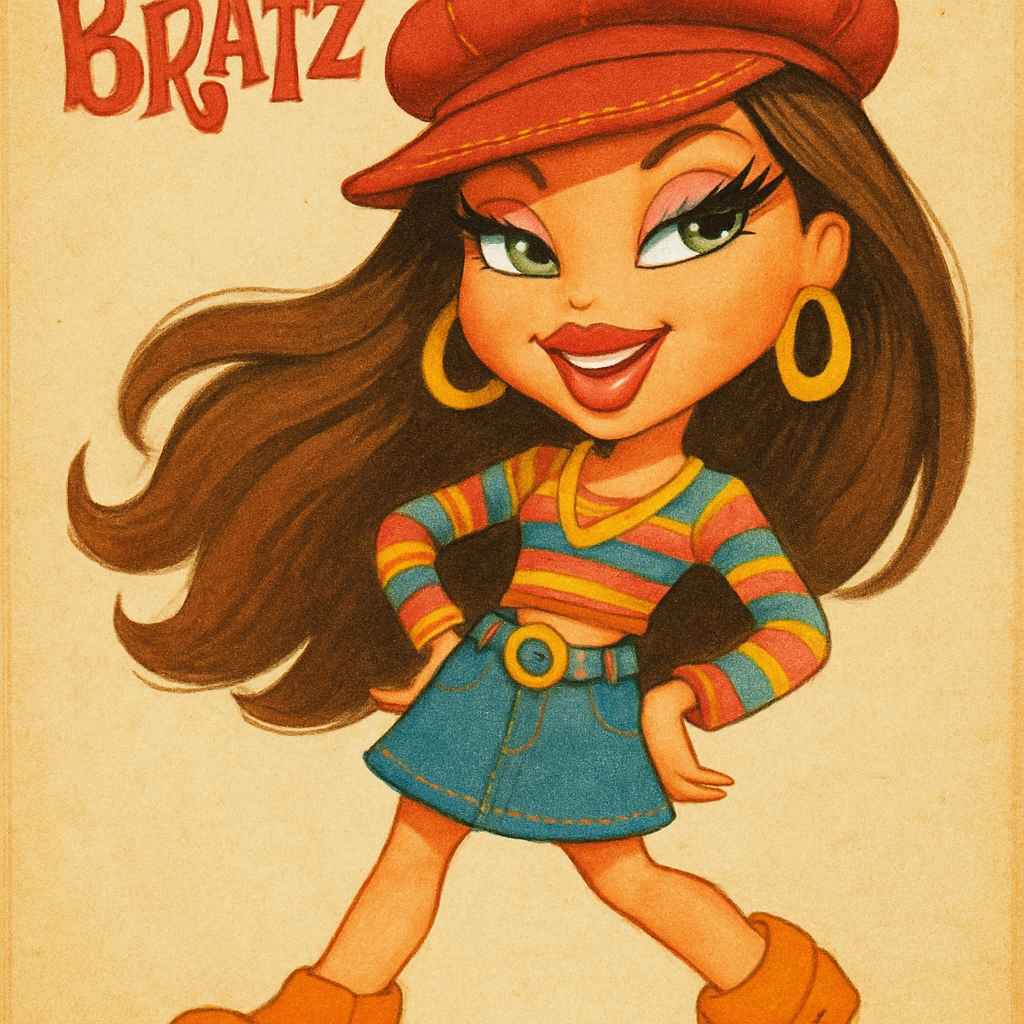 A vintage Bratz doll in retro fashion, smiling playfully
