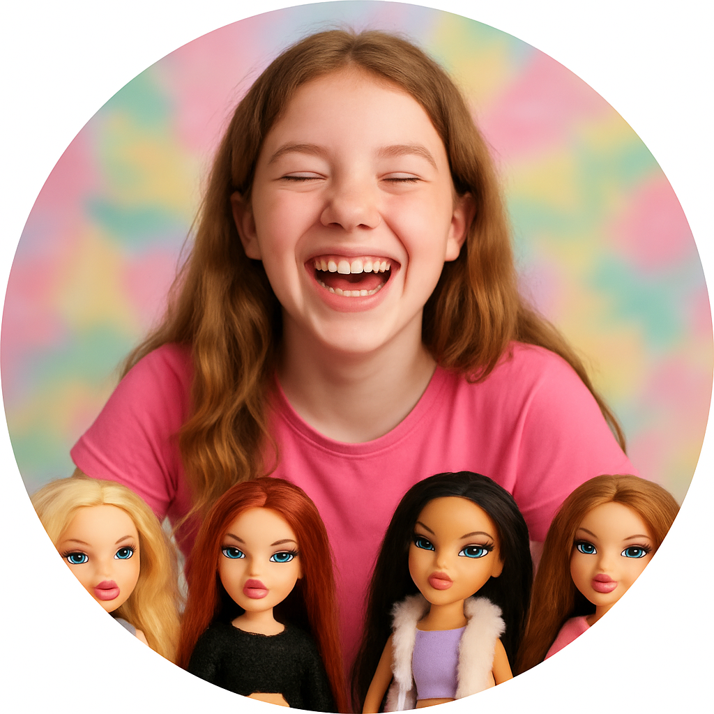 Lila laughing with her friends among Bratz dolls