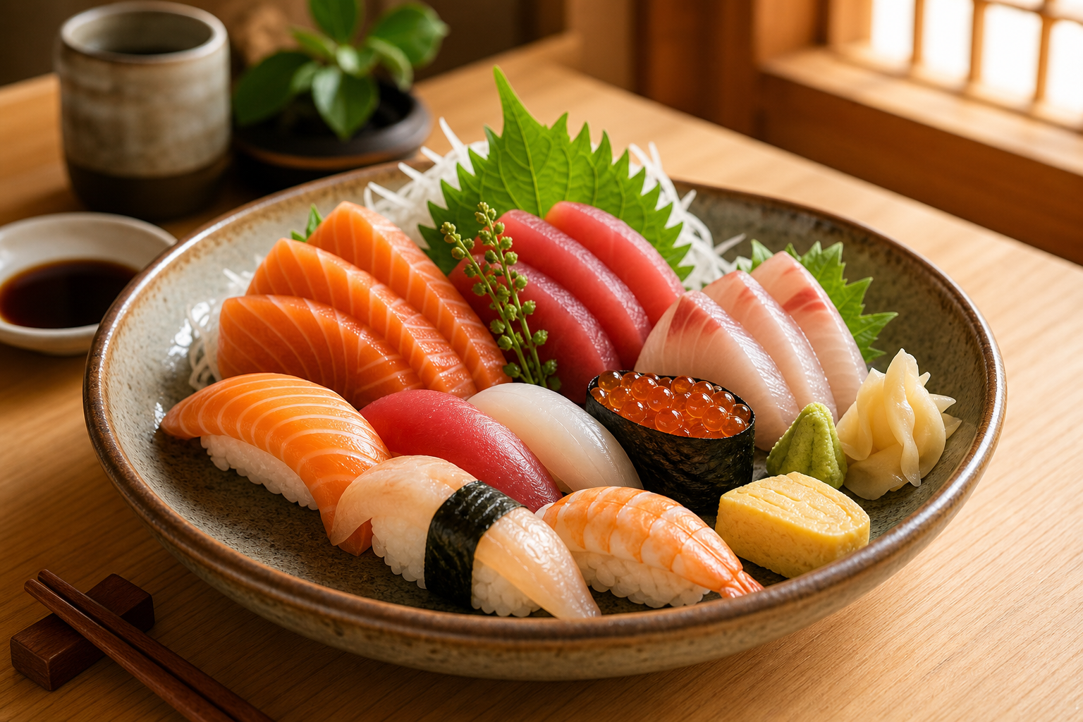 Warm-toned bowl of assorted sushi and seasonal sashimi on a wooden table