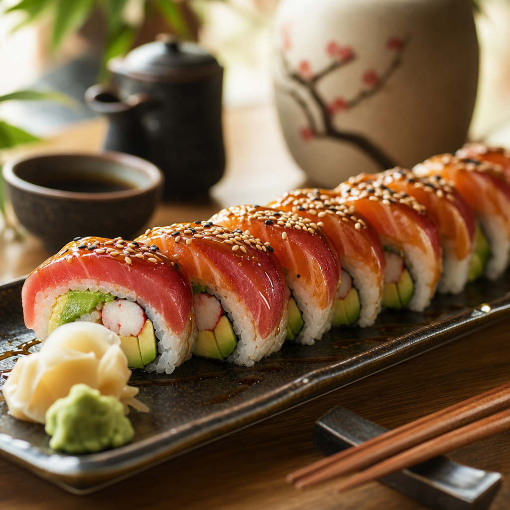 Signature Sakura Mosaic roll with ruby tuna, salmon, and a sesame glaze