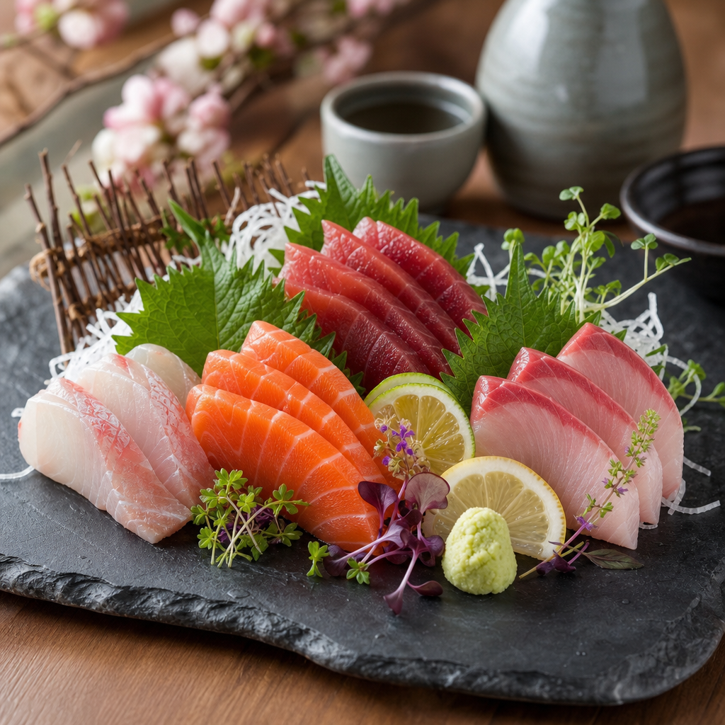 Seasonal chef special sashimi plate with citrus accents and microgreens