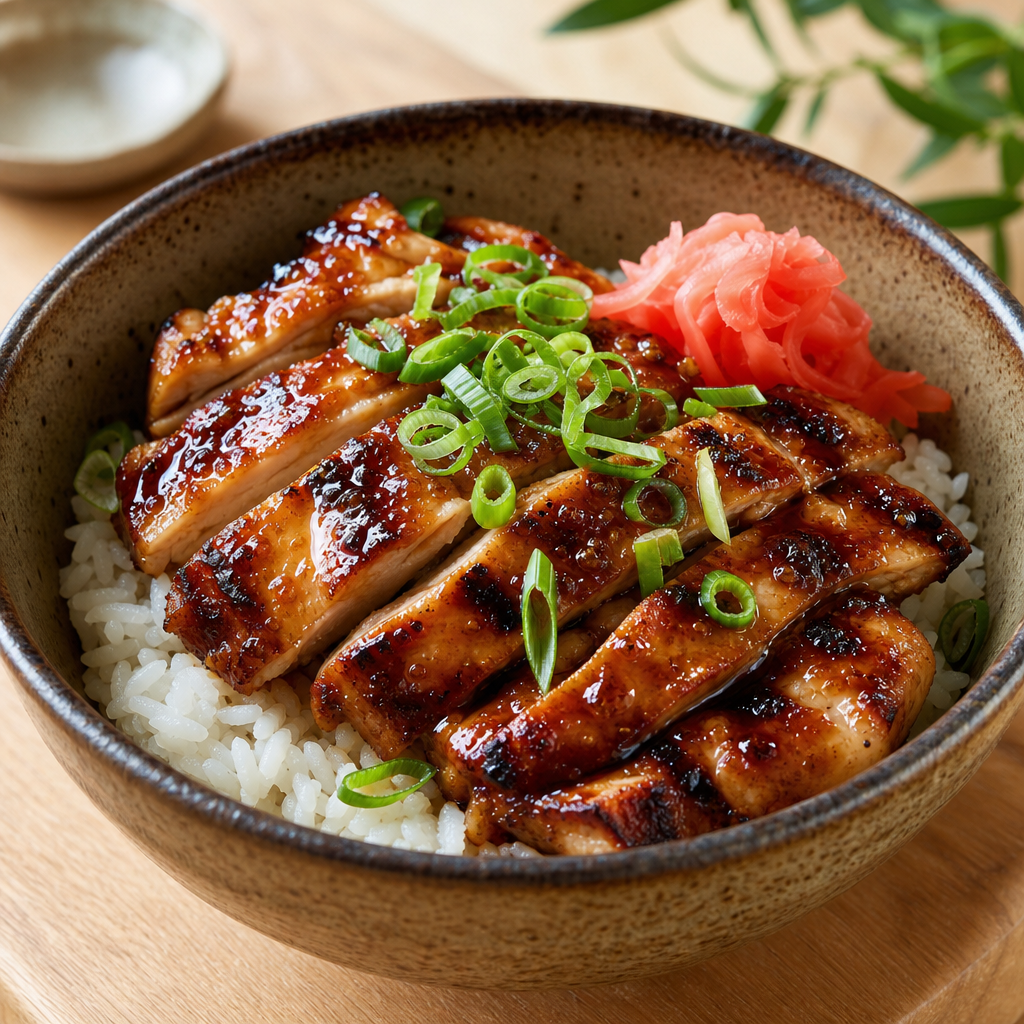 Teriyaki chicken donburi with jasmine rice, scallions, and pickled ginger
