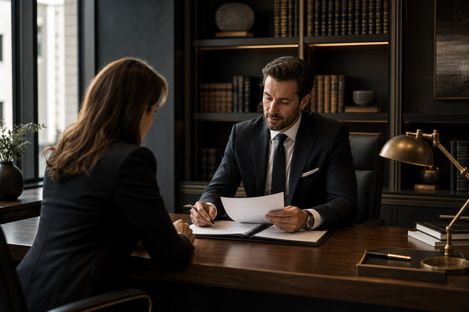 Refined legal office consultation setting with an attorney reviewing documents with a client across a modern wooden desk