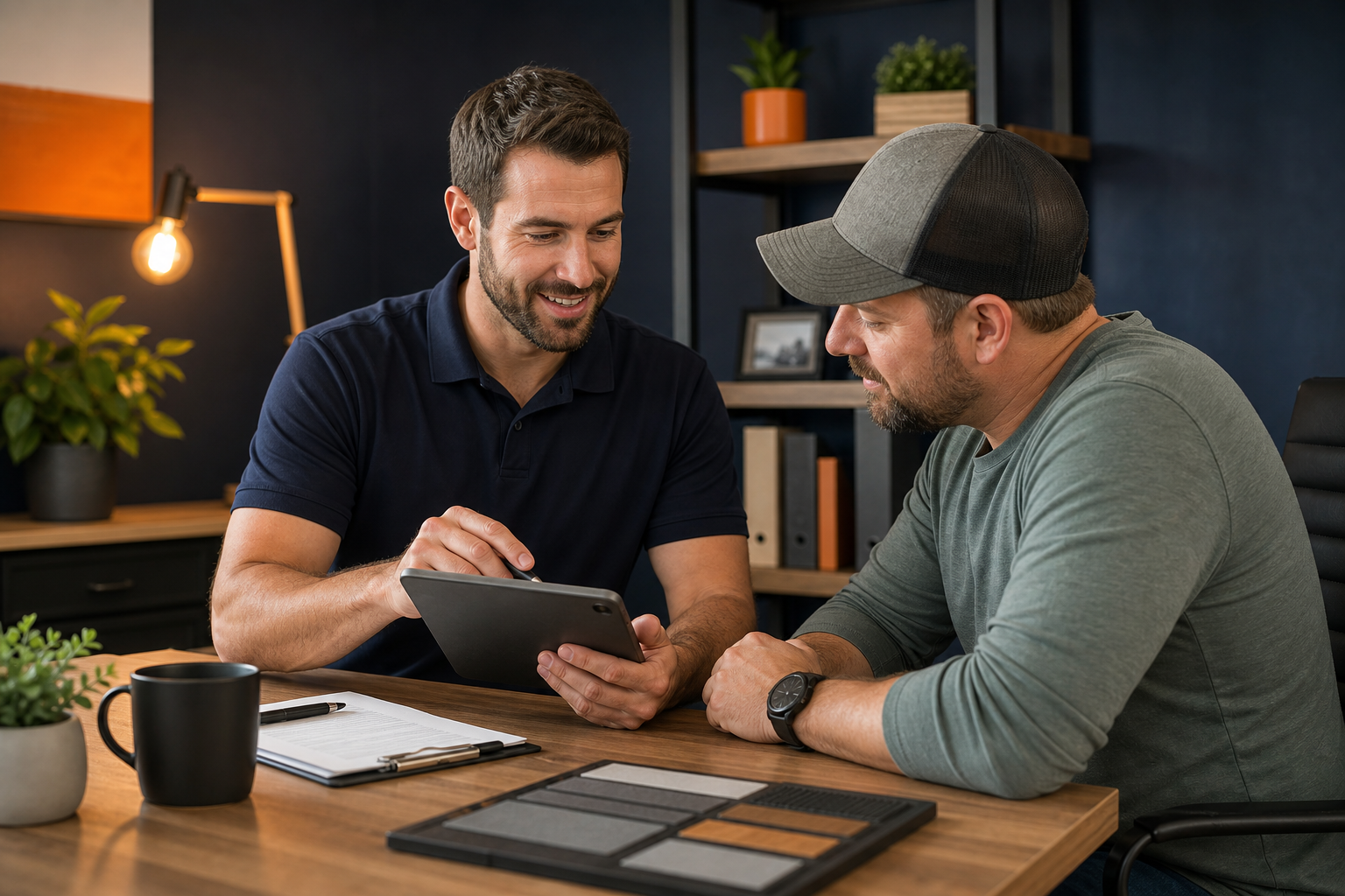 A modern office scene with a small business owner reviewing a tablet with a client during a service consultation