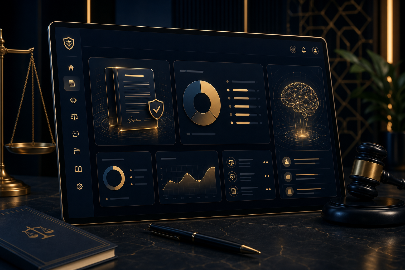 واجهة قانونية رقمية أنيقة تعرض تحليلاً للمستندات القانونية مع خطوط ذهبية وبيانات ذكية