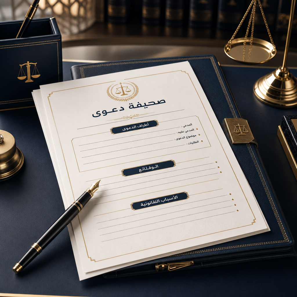 مستند دعوى قانونية فاخرة مع قلم ذهبي وملف جلدي داكن على طاولة عمل أنيقة