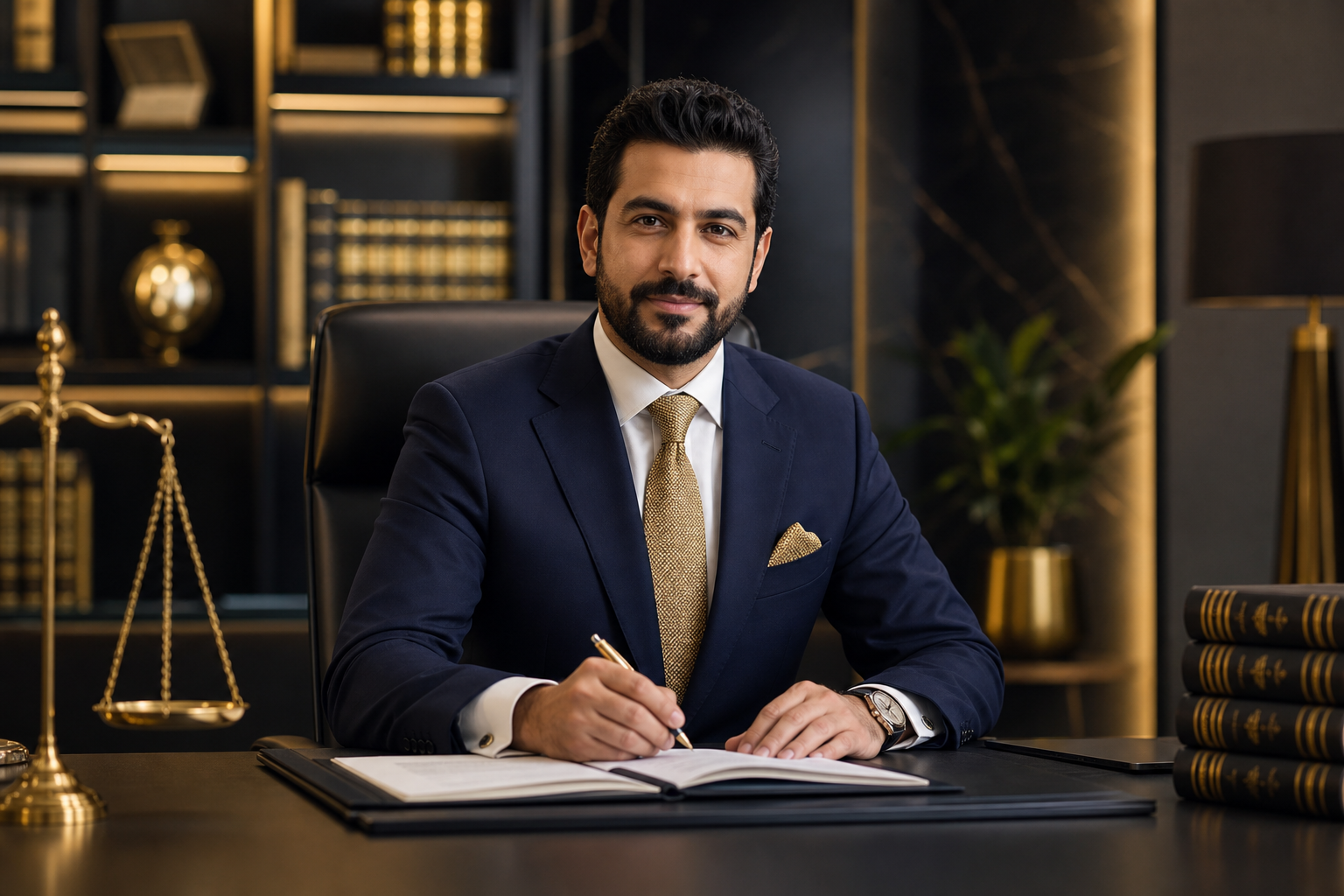 محامي عربي محترف يرتدي بدلة داكنة، يراجع ملفًا قانونيًا على مكتب أنيق مع إضاءة ذهبية دافئة
