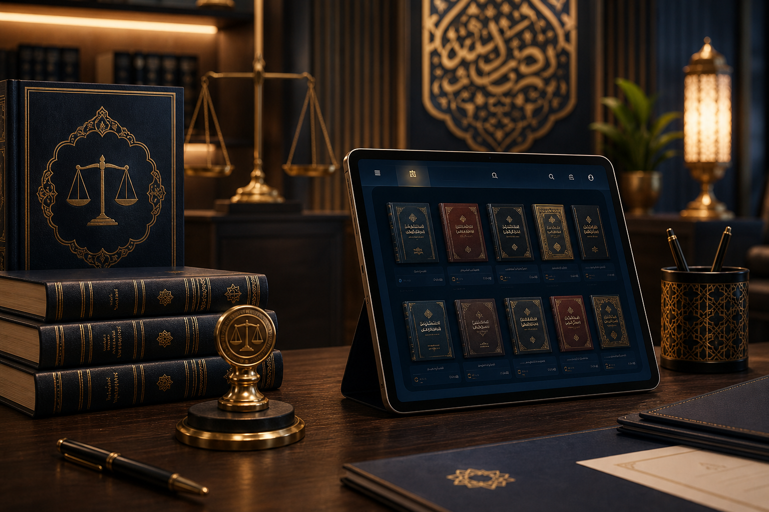 مشهد أنيق لمكتب قانوني عربي حديث مع كتب قانونية فاخرة وجهاز لوحي يعرض واجهة مكتبة رقمية