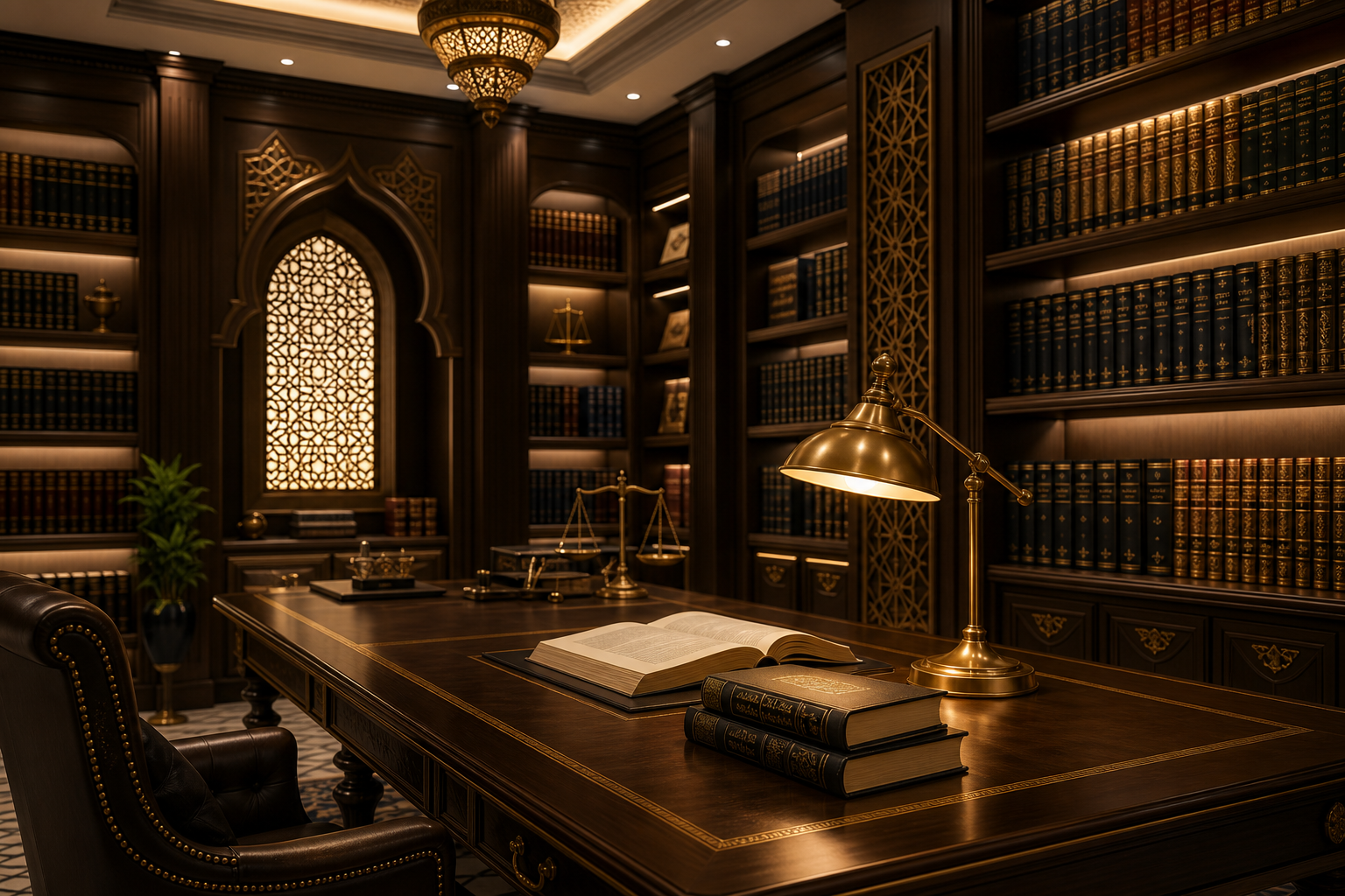 قاعة مكتبة قانونية فاخرة بأرفف خشبية داكنة وكتب قانونية مذهبة وإضاءة دافئة