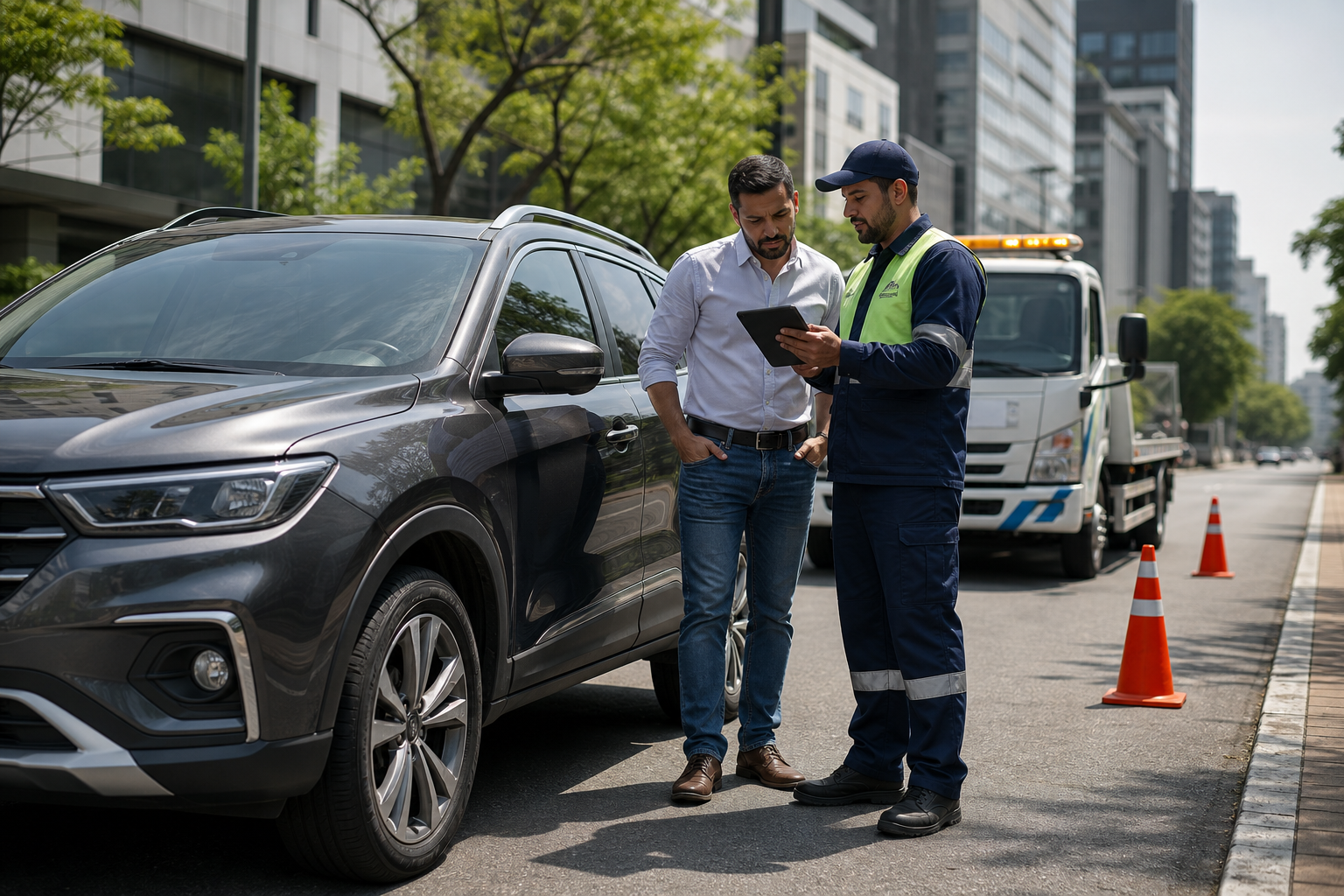 Automóvil familiar estacionado con protección vial en entorno urbano
