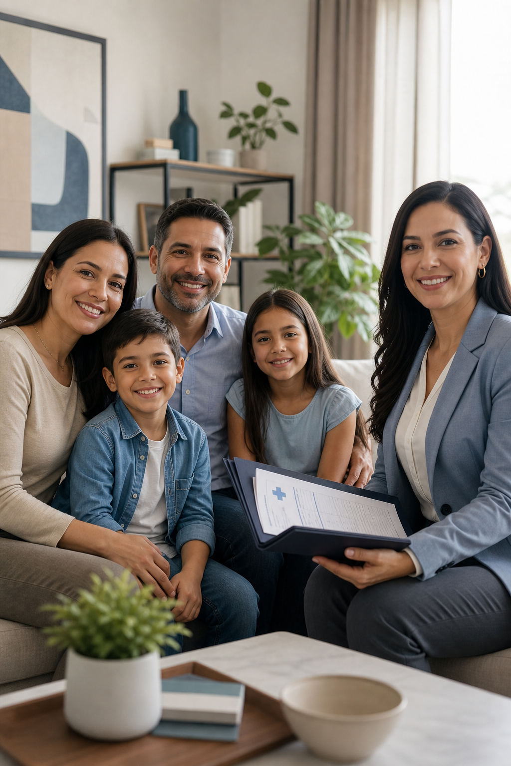 Familia latinoamericana en un entorno luminoso y tranquilo, acompañada por asesora de seguros con carpeta médica, transmitiendo protección y confianza