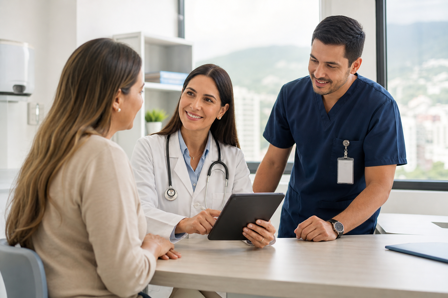 Equipo médico atendiendo a una paciente en una clínica moderna
