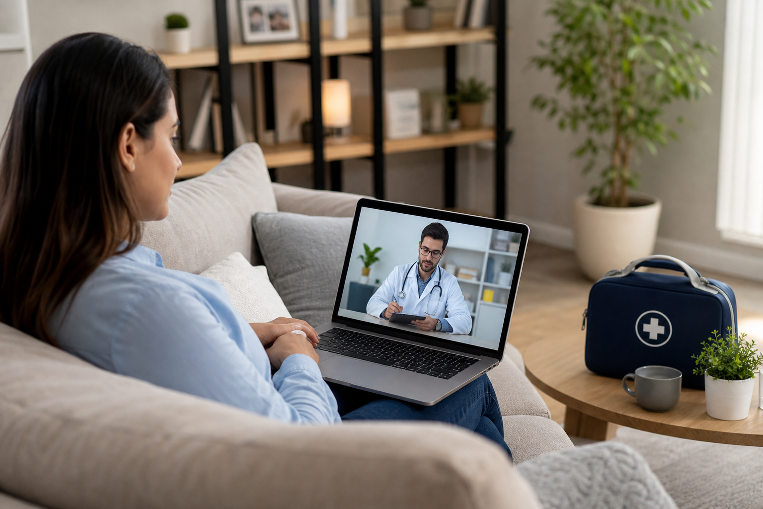 Paciente en videollamada médica desde casa con seguimiento profesional