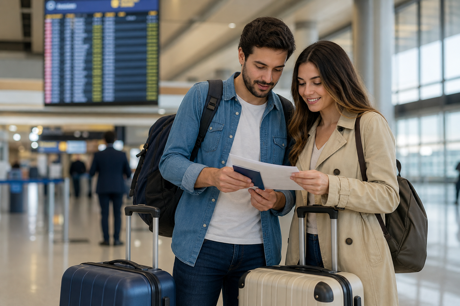 Pareja viajando en aeropuerto con cobertura ante emergencias