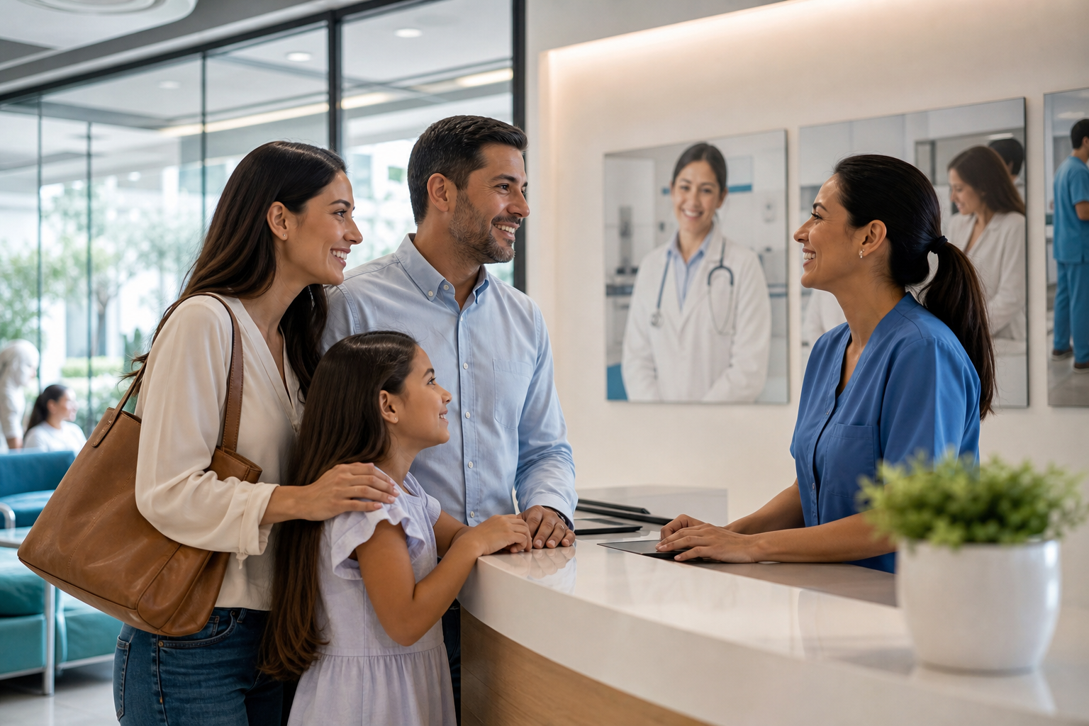 Familia en recepción de clínica privada con atención médica segura