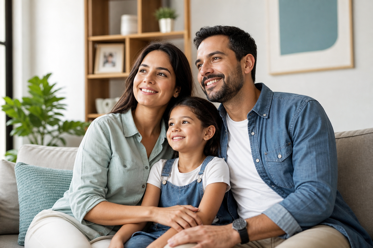 Familia joven sonriendo en casa proyectando seguridad para el futuro