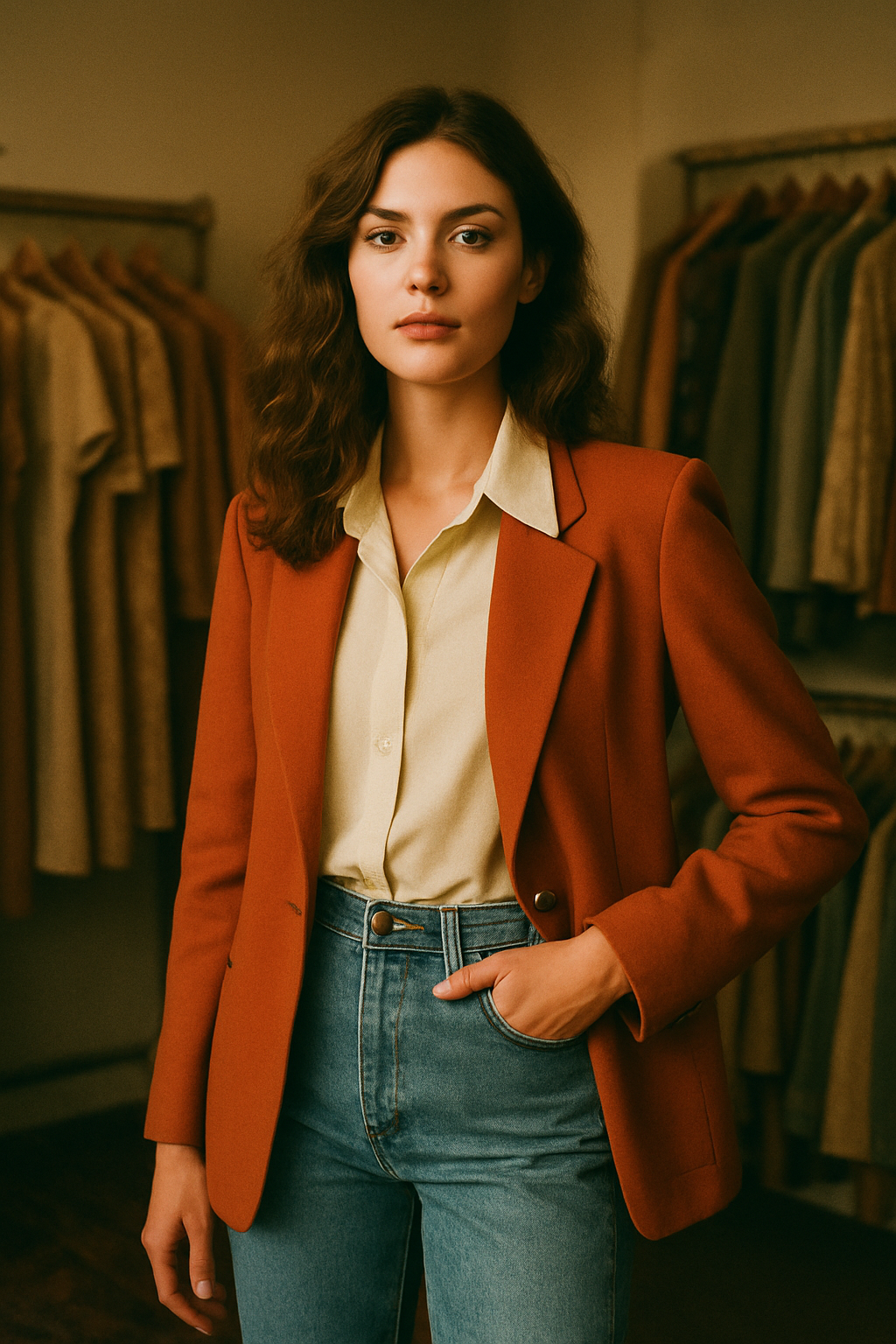 Editorial-style portrait of a model in a burnt-orange 70s blazer and high-waisted denim, shot on warm film with a soft grainy glow