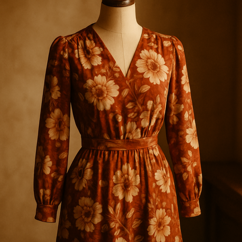 Flowy vintage dress with bold floral print in rust and cream tones on a mannequin