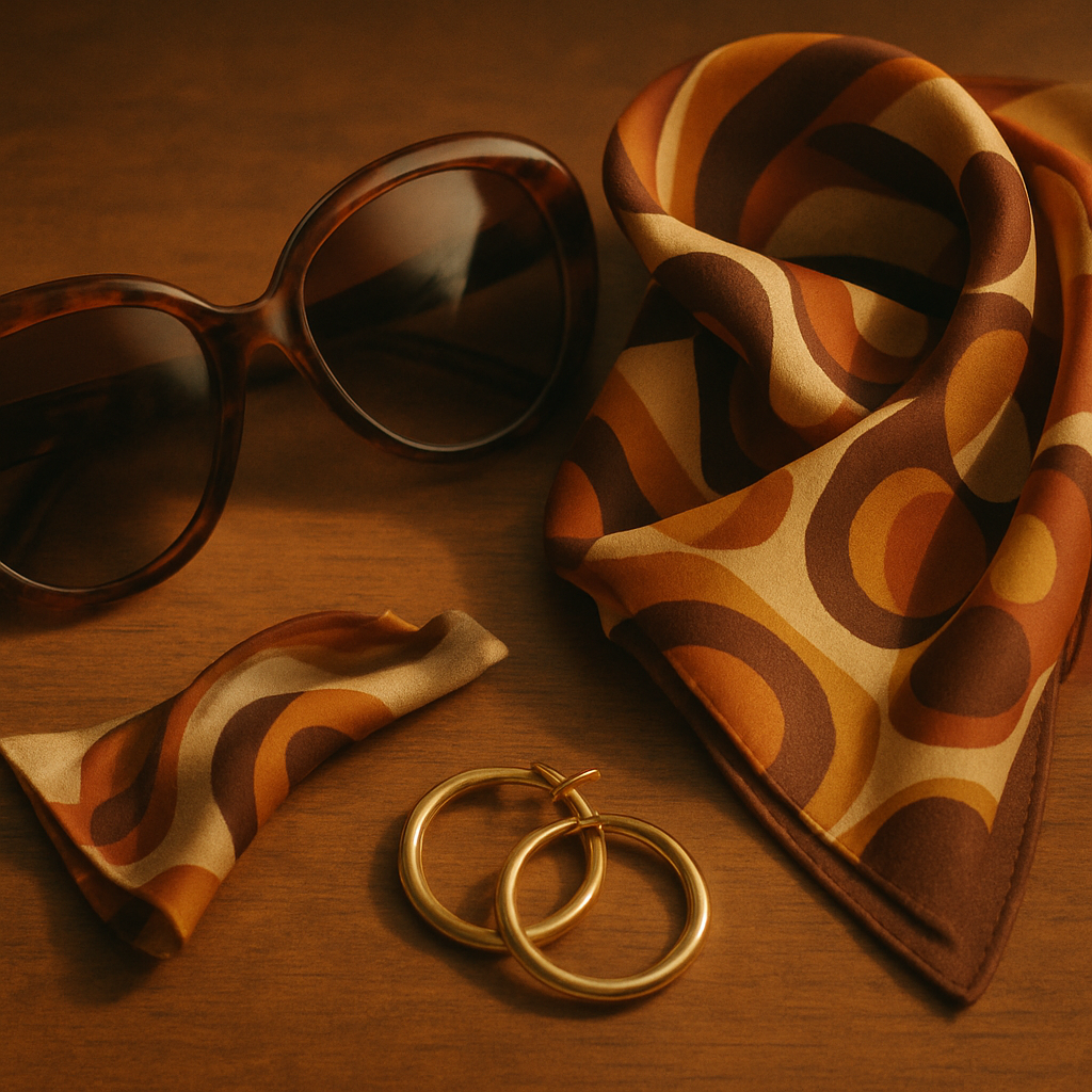 Vintage accessories assortment including oversized sunglasses, silk scarf, and gold hoop earrings