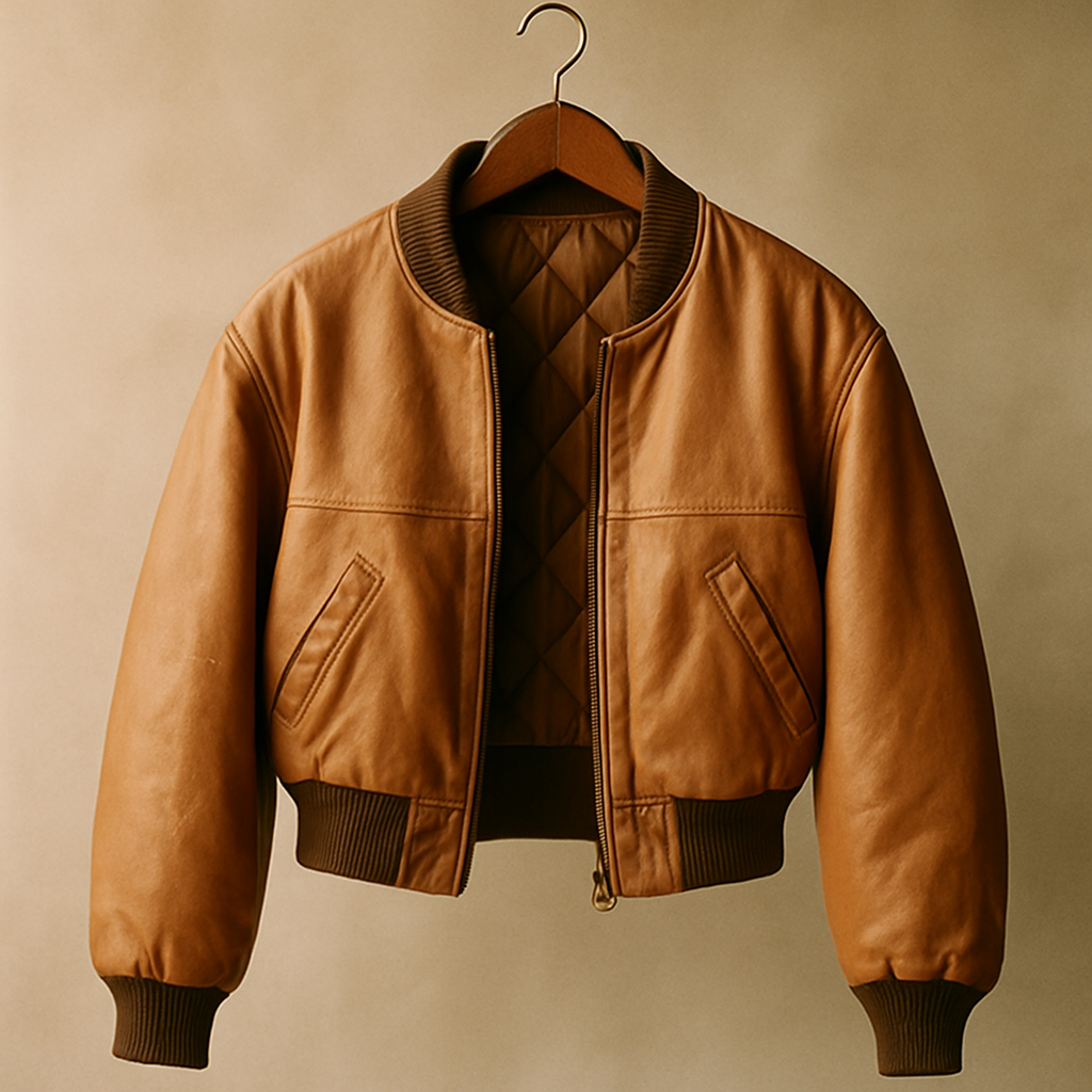Cropped vintage bomber jacket in warm tan leather with quilted lining on a hanger