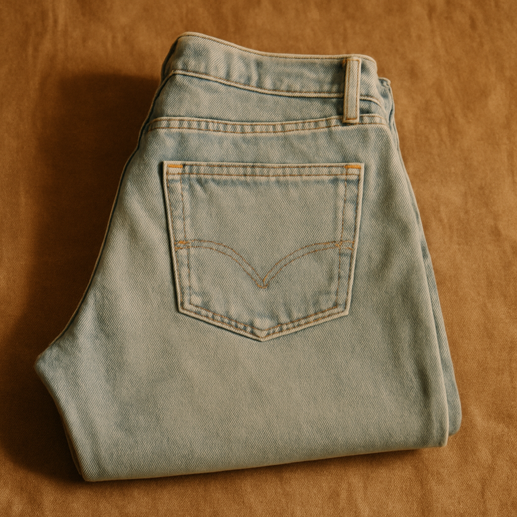 Light-wash high-waisted vintage jeans folded with a stitched back pocket