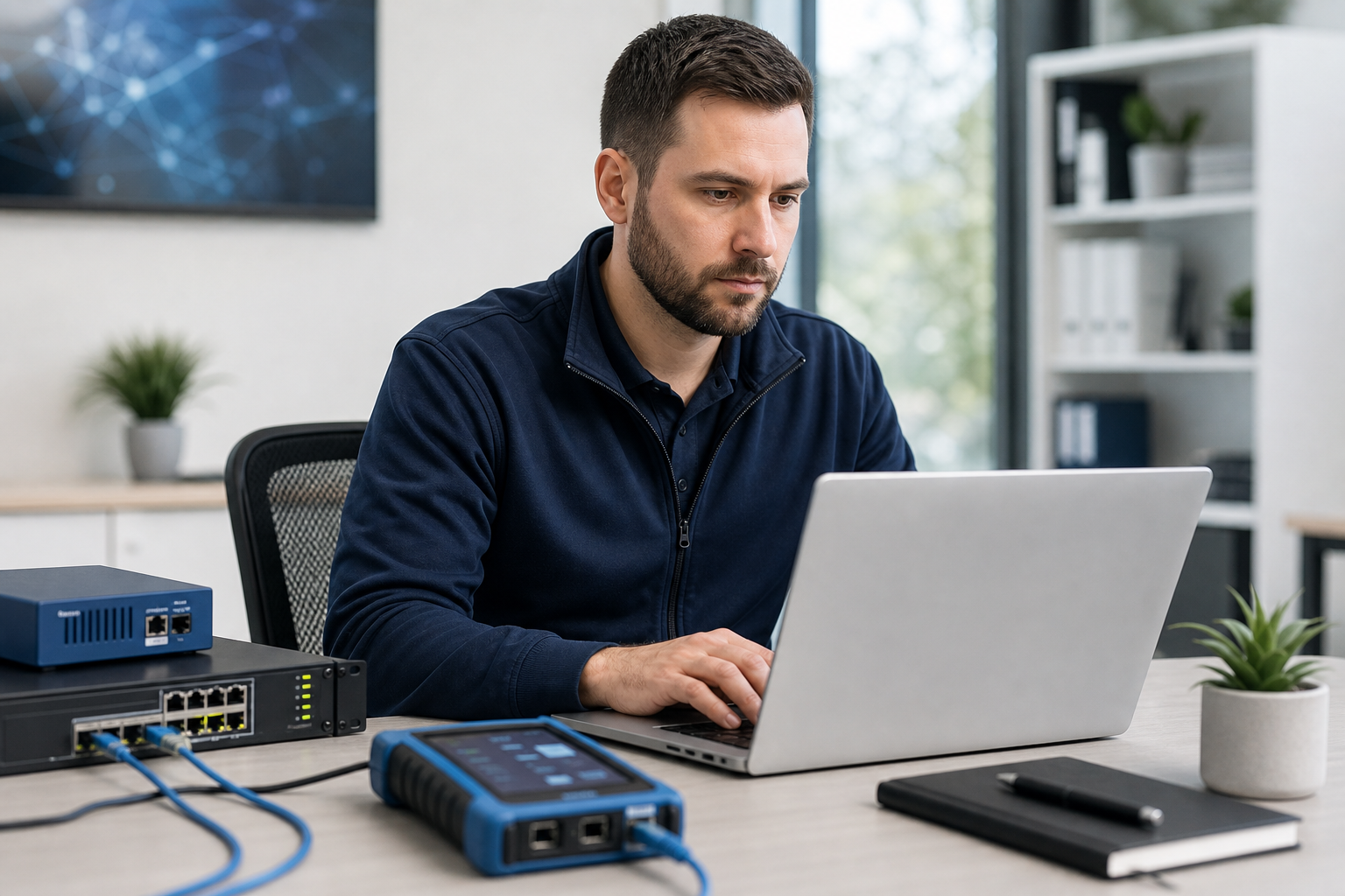 Technician working on a laptop with network tools, modern office background