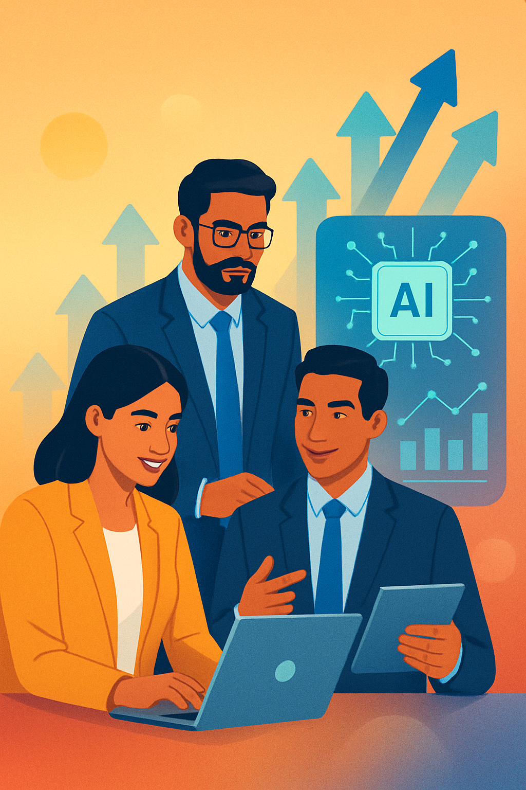 Business professionals collaborating with AI technology, abstract upward growth arrows, digital interface overlay, SME context, India/South Asia