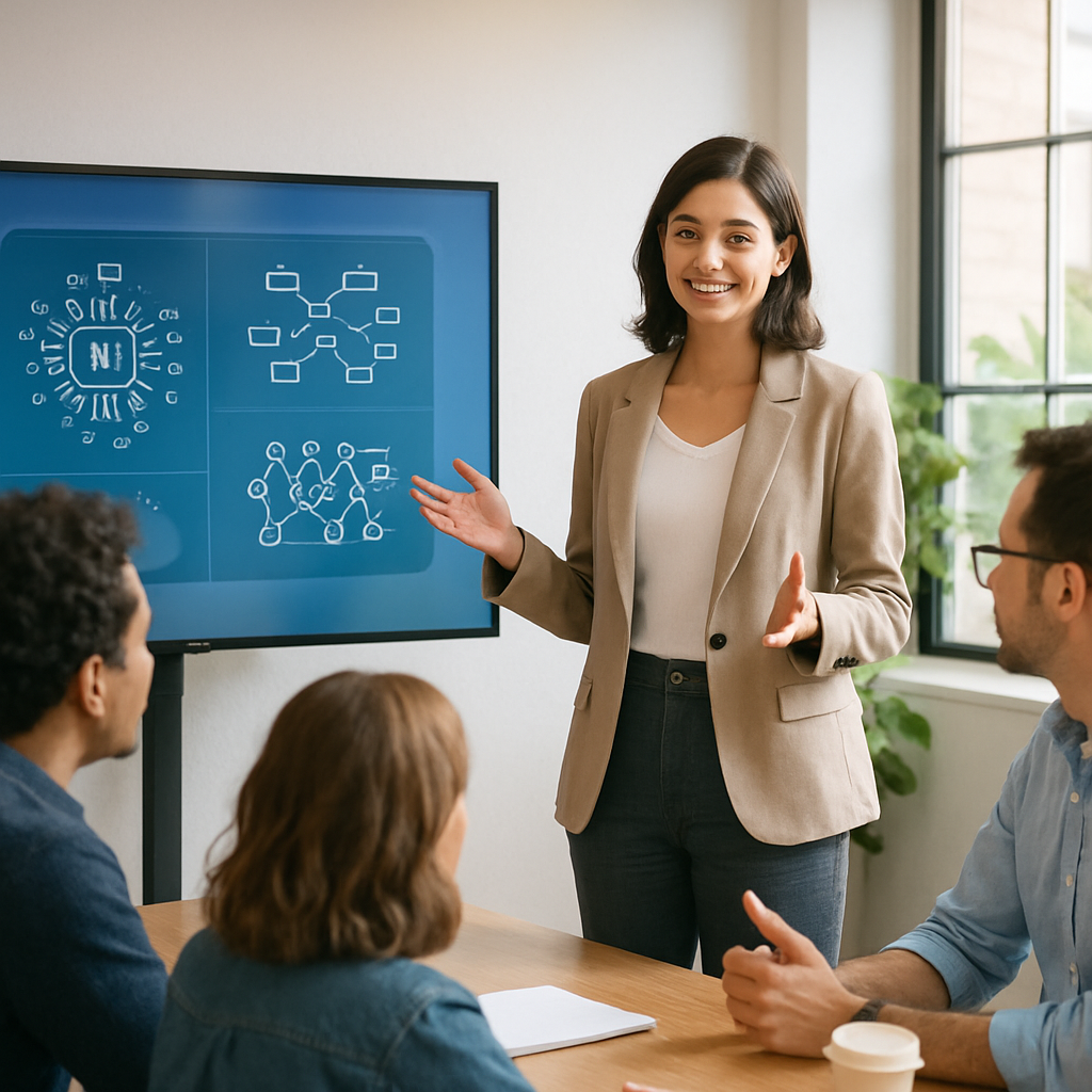 Female AI consultant presenting to entrepreneurs in a bright workspace