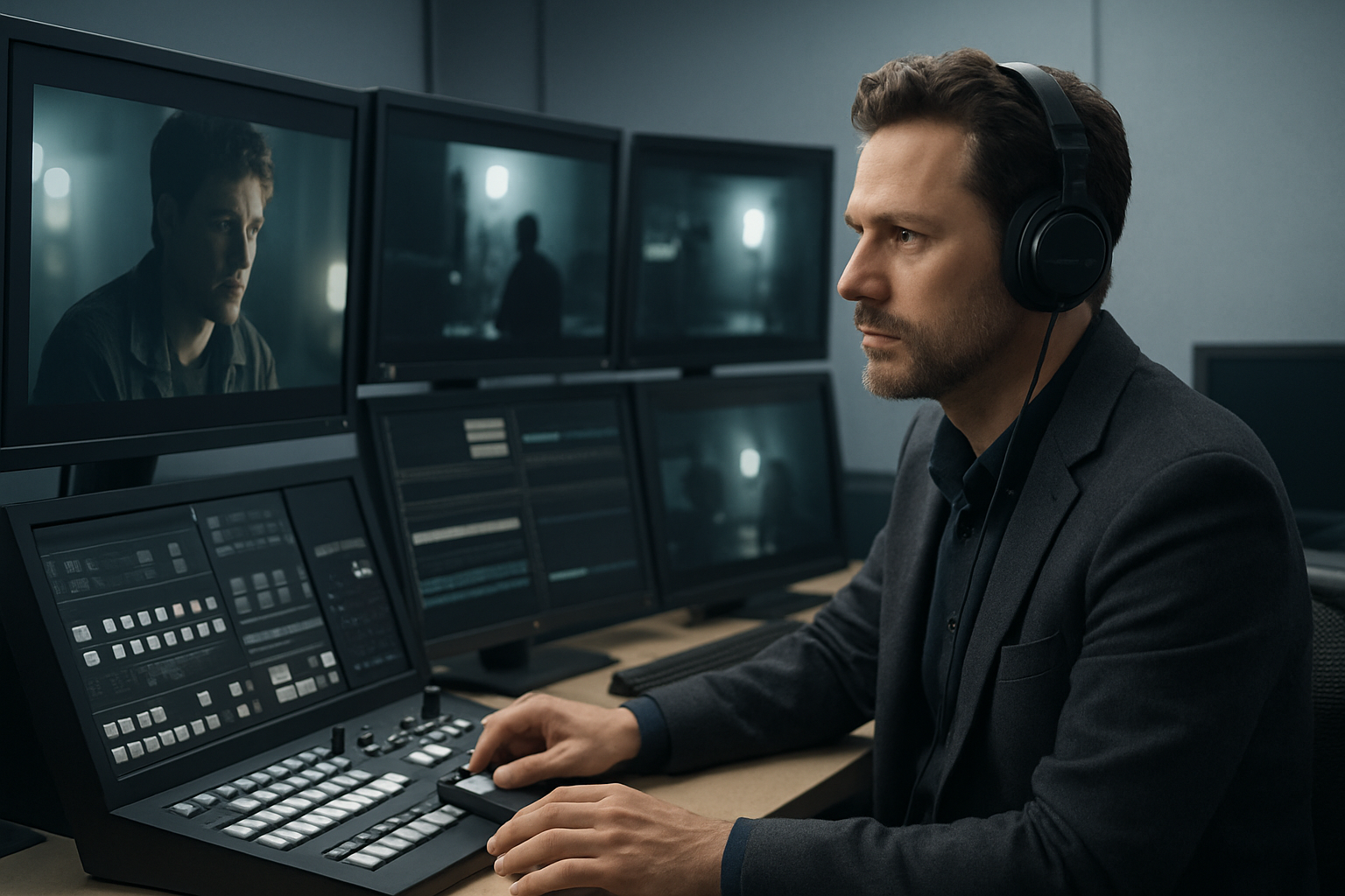Film director in a modern production control room reviewing footage on monitors