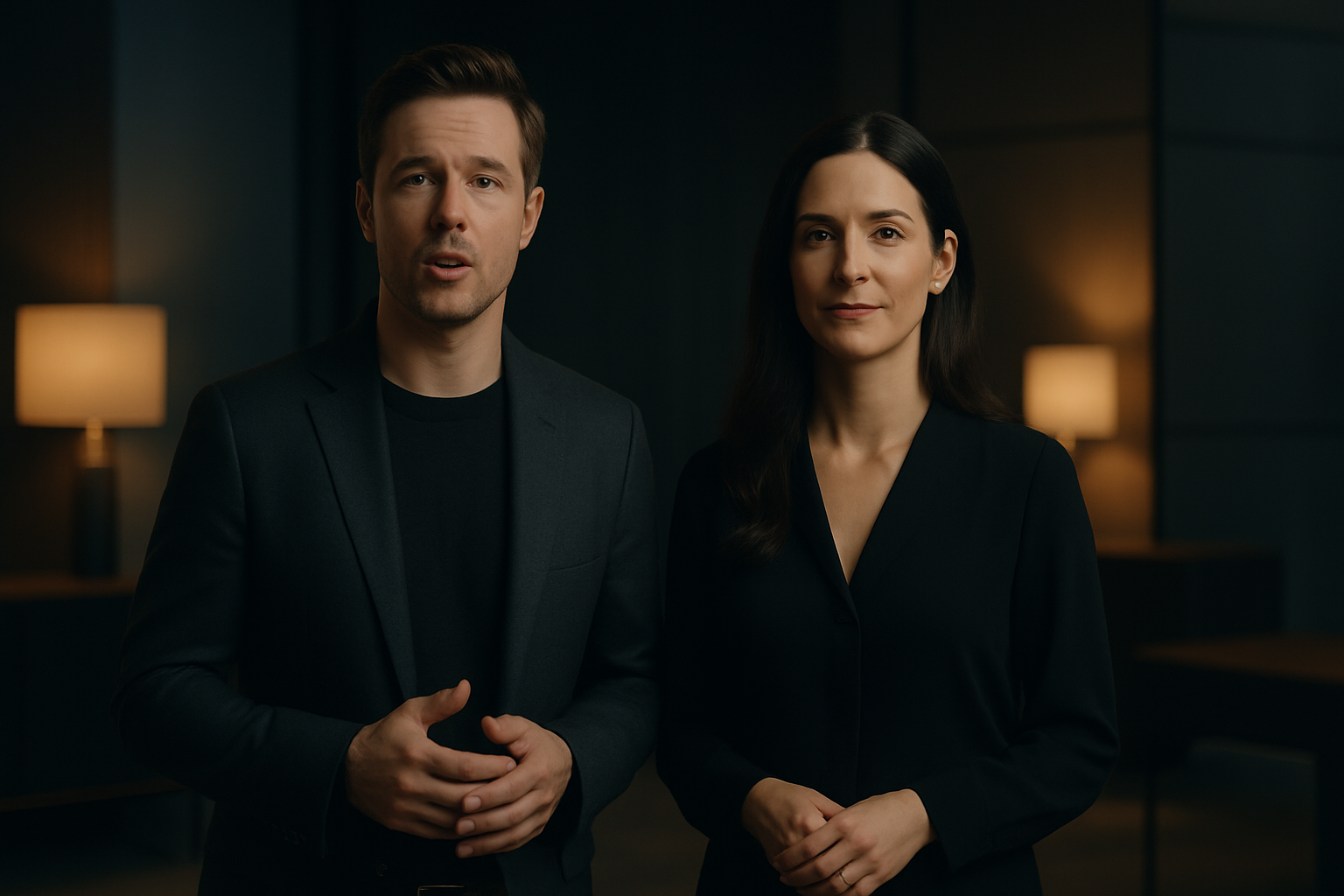 Moody cinematic still of a brand film set with soft practical lighting