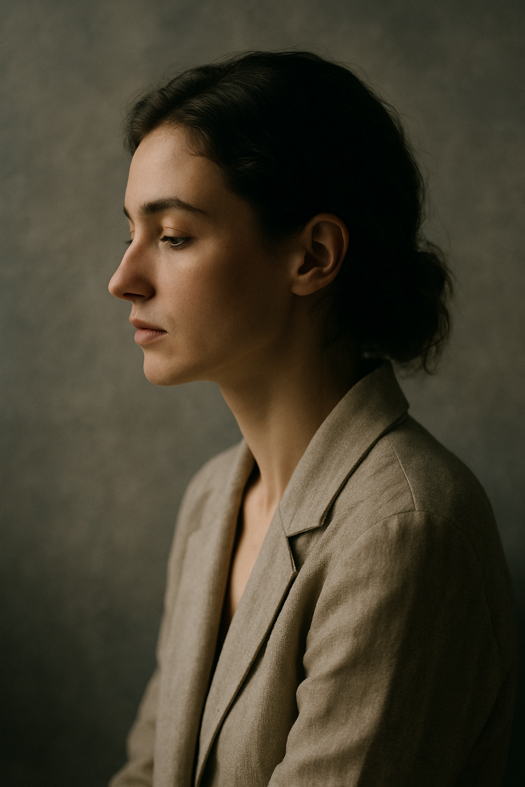 Editorial portrait scene with soft sidelighting and cinematic depth