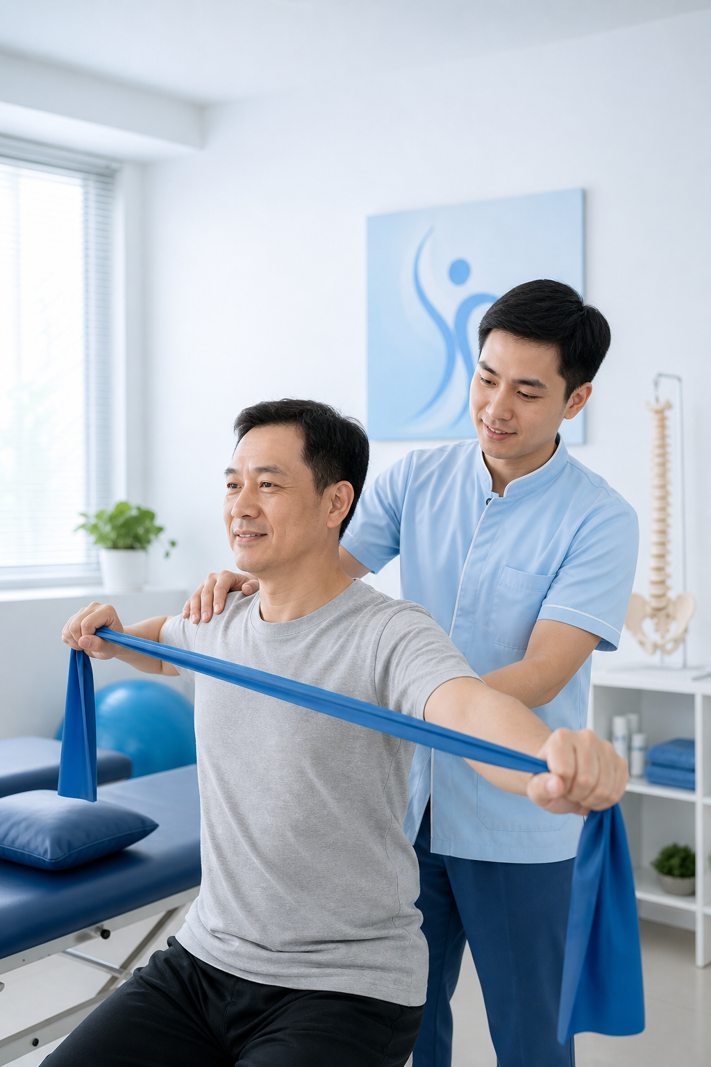 Bác sĩ vật lý trị liệu đang hướng dẫn bệnh nhân tập phục hồi vai trong phòng khám sáng sủa