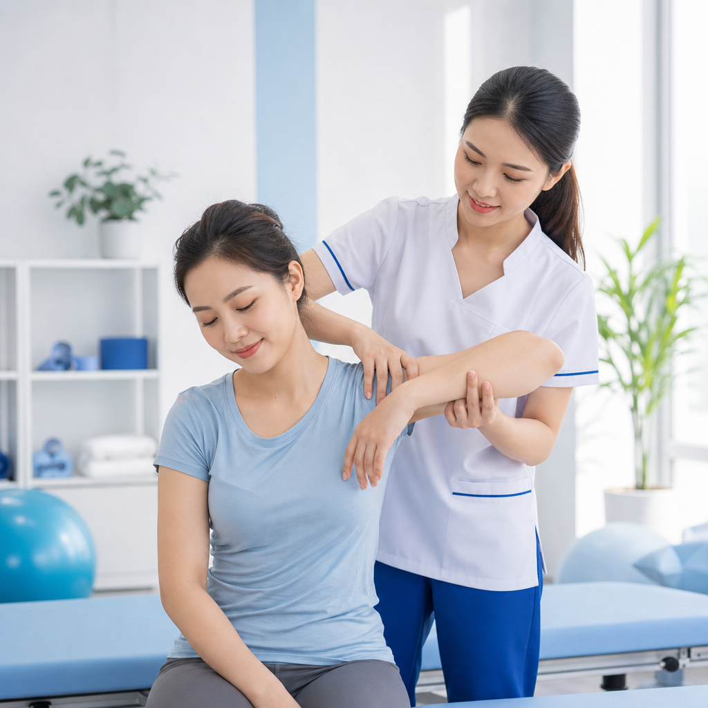Bác sĩ vật lý trị liệu đang hướng dẫn bệnh nhân tập phục hồi vai trong phòng khám sáng sủa