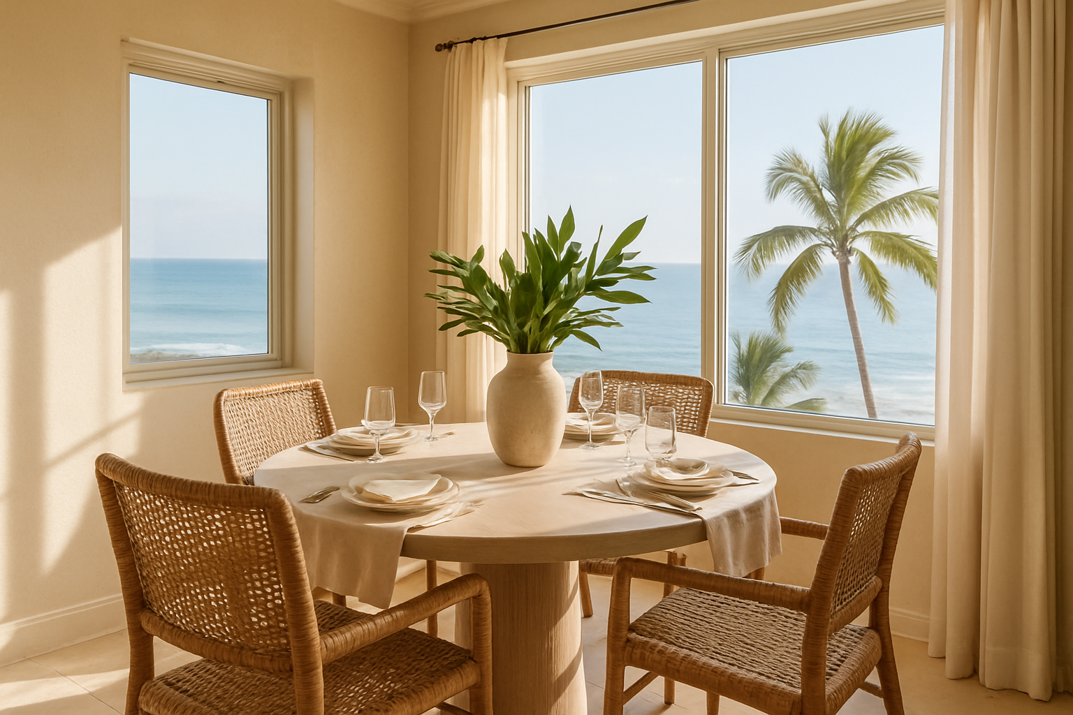 Open dining area with woven chairs, neutral linens, and soft natural light