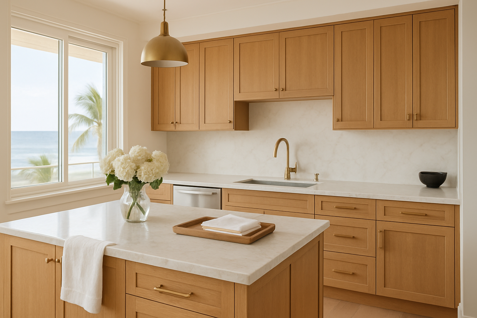 Bright coastal kitchen with marble countertops and warm wood accents