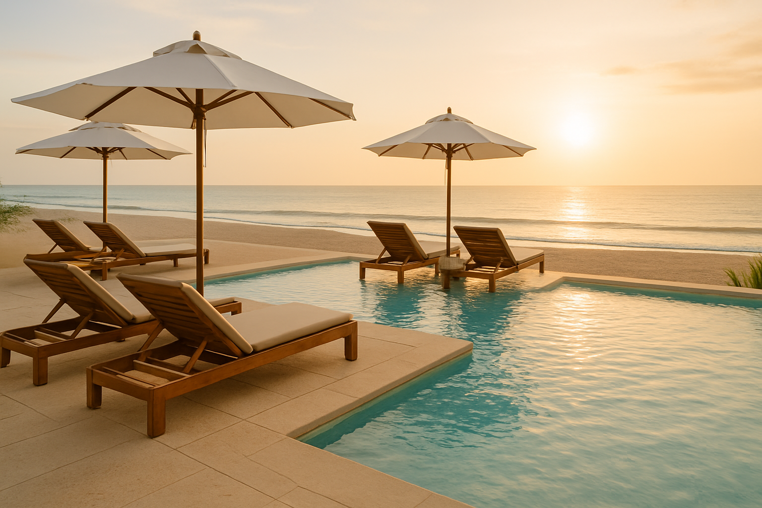 Resort pool deck with teak loungers, white umbrellas, and ocean beyond