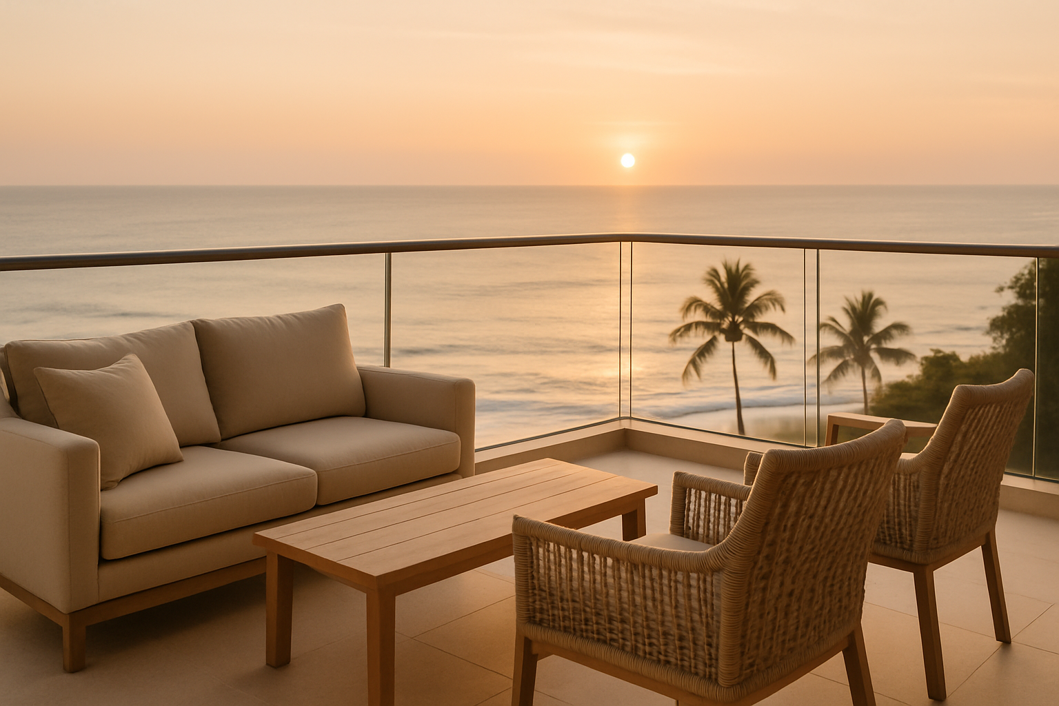 Balcony seating overlooking the ocean at sunset with soft golden light